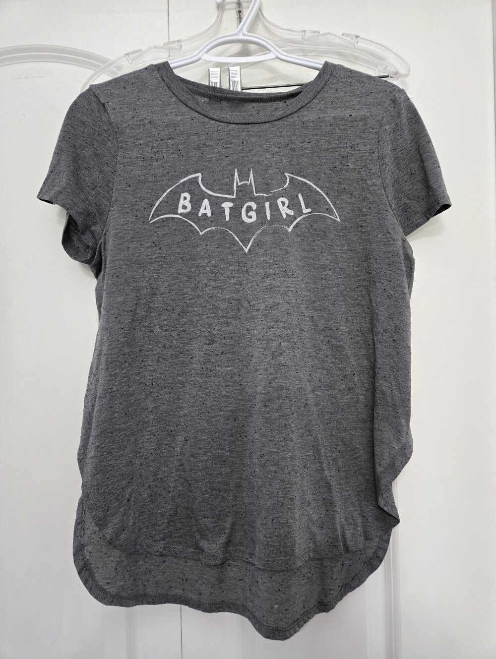 Batman Women's Batgirl Graphic Tee - Heather Gray Split Back Short Sleeve Top